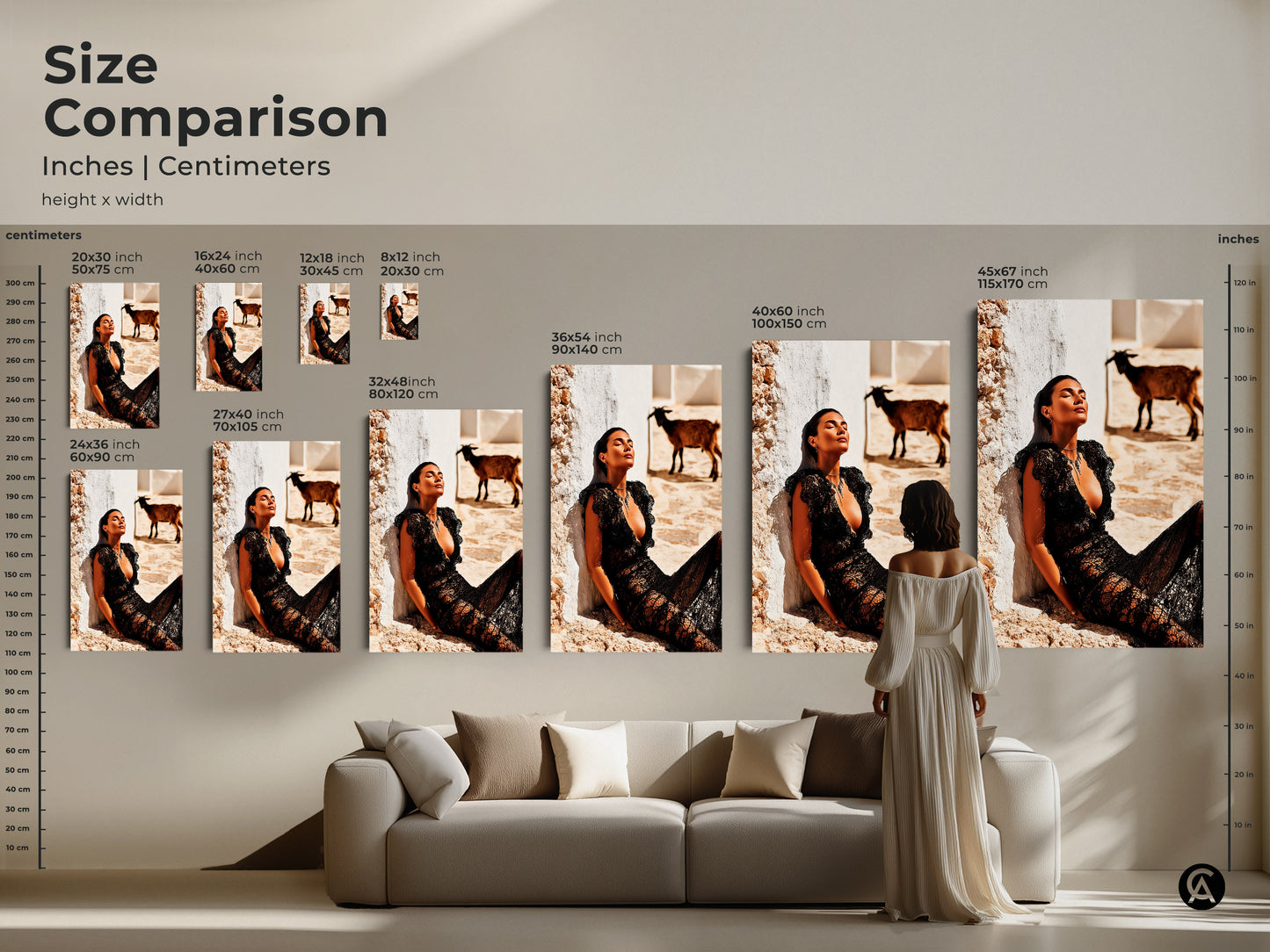Size Comparison of fashion photography prints. A woman in black lace dress with a goat is shown. Sizes range from small to large. Available in both inches and centimeters. It makes a perfect addition to eclectic decor. Great for contemporary interiors wall decor.