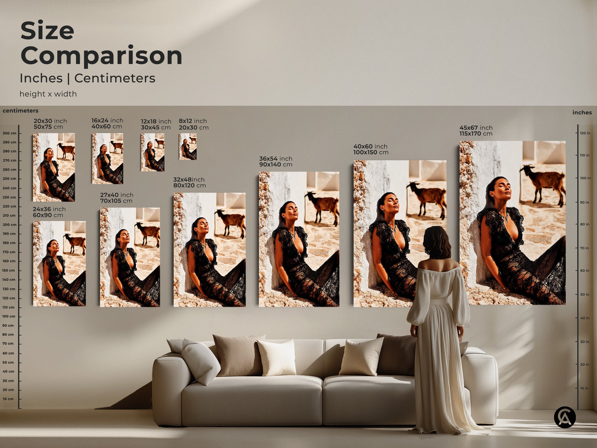 Size Comparison of fashion photography prints. A woman in black lace dress with a goat is shown. Sizes range from small to large. Available in both inches and centimeters. It makes a perfect addition to eclectic decor. Great for contemporary interiors wall decor.