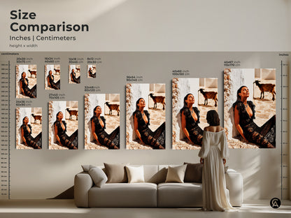 Size Comparison of fashion photography prints. A woman in black lace dress with a goat is shown. Sizes range from small to large. Available in both inches and centimeters. It makes a perfect addition to eclectic decor. Great for contemporary interiors wall decor.