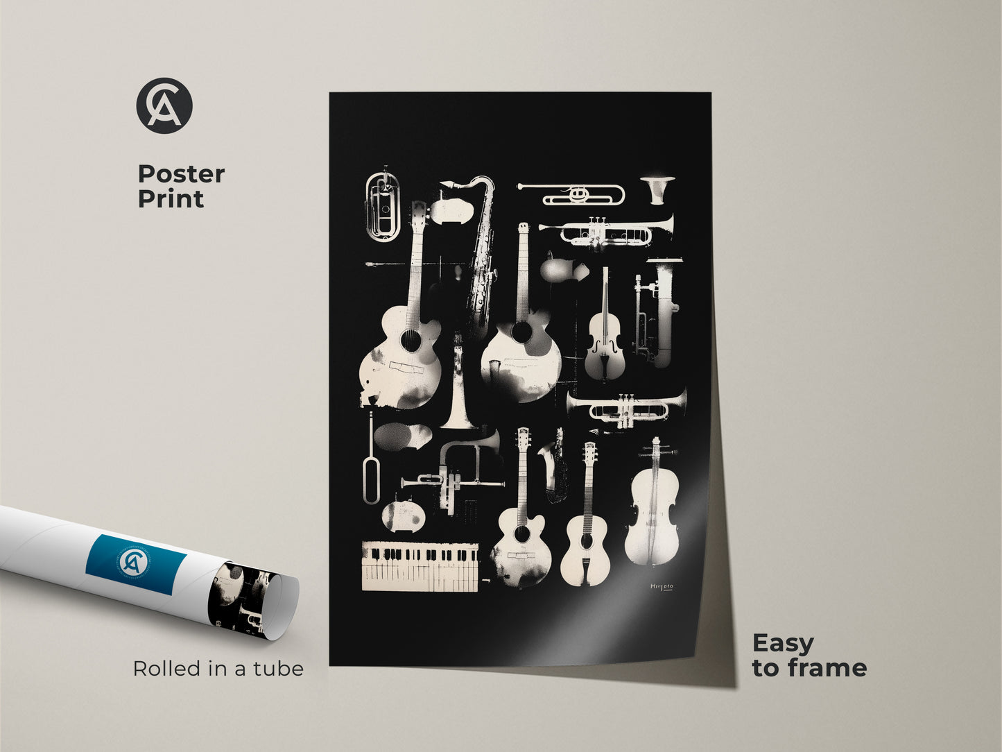 Poster print art featuring various musical instruments. Guitars saxophones and trumpets are among the instruments depicted. This easy-to-frame poster adds a musical touch to any room. Rolled in a tube for protection during shipping