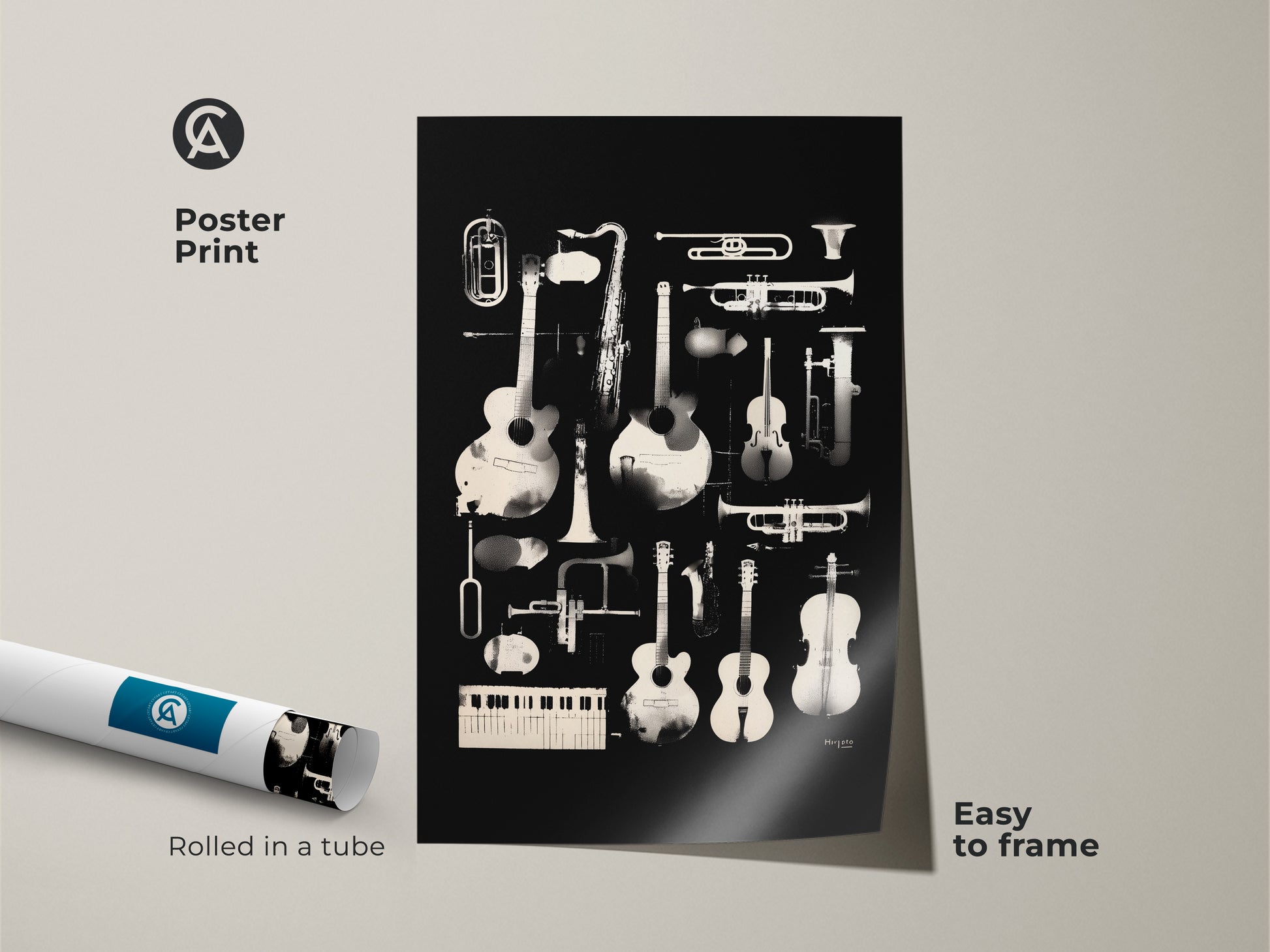 Poster print art featuring various musical instruments. Guitars saxophones and trumpets are among the instruments depicted. This easy-to-frame poster adds a musical touch to any room. Rolled in a tube for protection during shipping