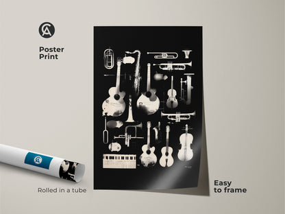 Poster print art featuring various musical instruments. Guitars saxophones and trumpets are among the instruments depicted. This easy-to-frame poster adds a musical touch to any room. Rolled in a tube for protection during shipping