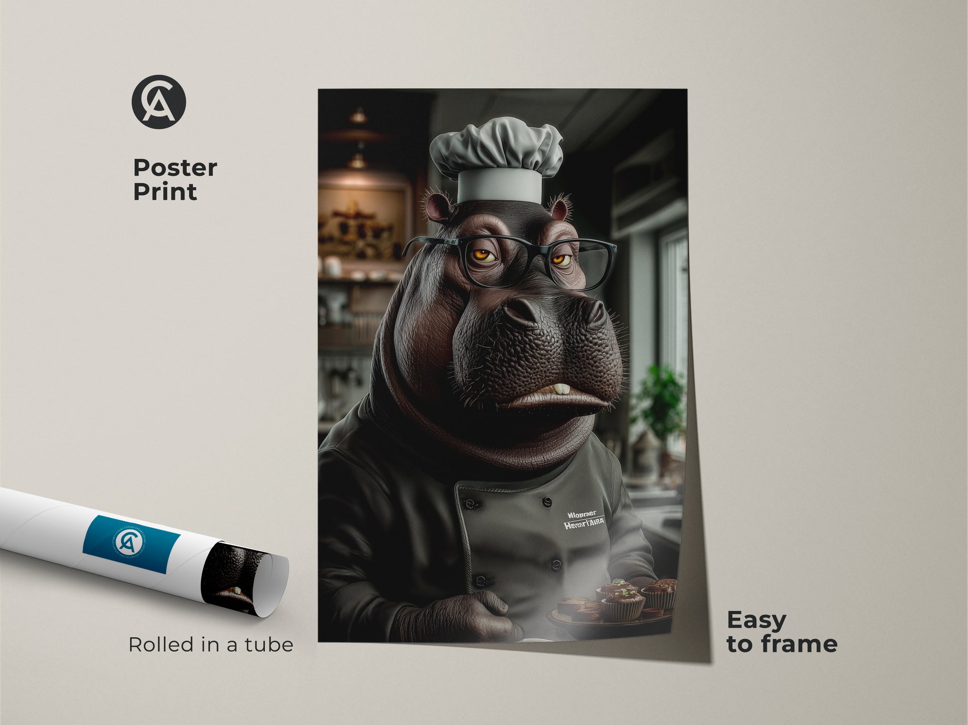 This image showcases a poster print of a baking hippo. This animal chef canvas art adds an eclectic style to any kitchen or dining space. This funny animal artwork makes a perfect gift for birthdays or housewarmings. This warm brown and yellow palette canvas adds a unique touch to home decor.