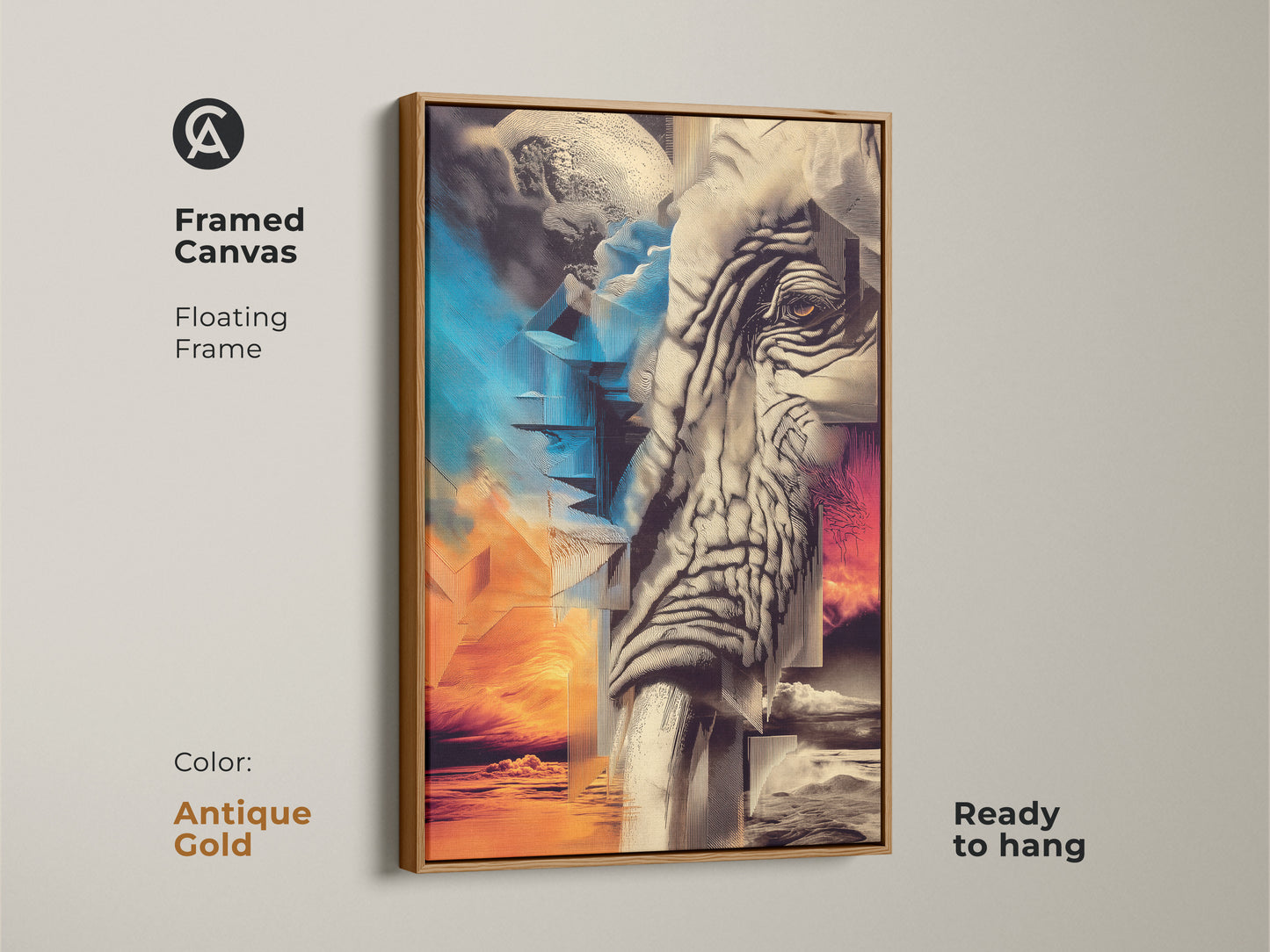 A Framed Canvas floating frame featuring an elephant. The elephant is a surreal depiction. This modern abstract canvas uses orange gold blue art. It would be an artistic home accent as living room wall art. This is ready to hang. The canvas floating frame is antique gold.