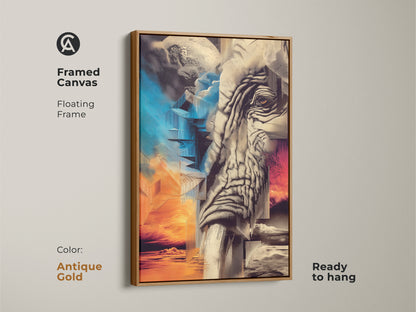A Framed Canvas floating frame featuring an elephant. The elephant is a surreal depiction. This modern abstract canvas uses orange gold blue art. It would be an artistic home accent as living room wall art. This is ready to hang. The canvas floating frame is antique gold.