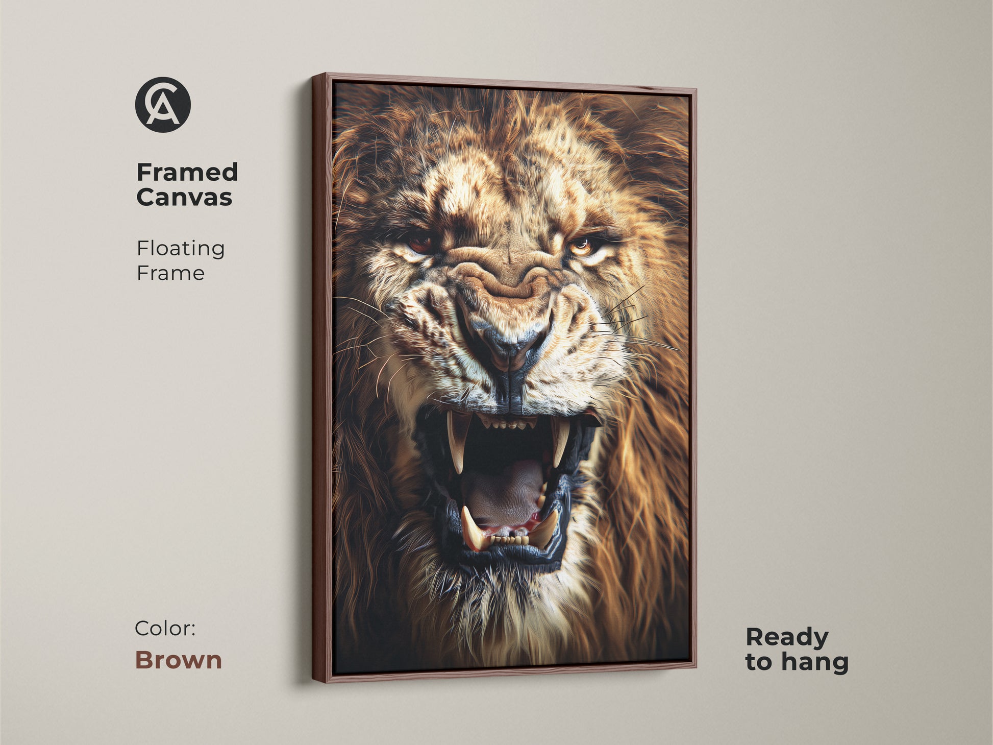 A framed canvas featuring a roaring lion with a floating frame in brown. The majestic wildlife decor is ready to hang. This animal portrait wall art is perfect for rustic or eclectic home styles. It's a gift for him.