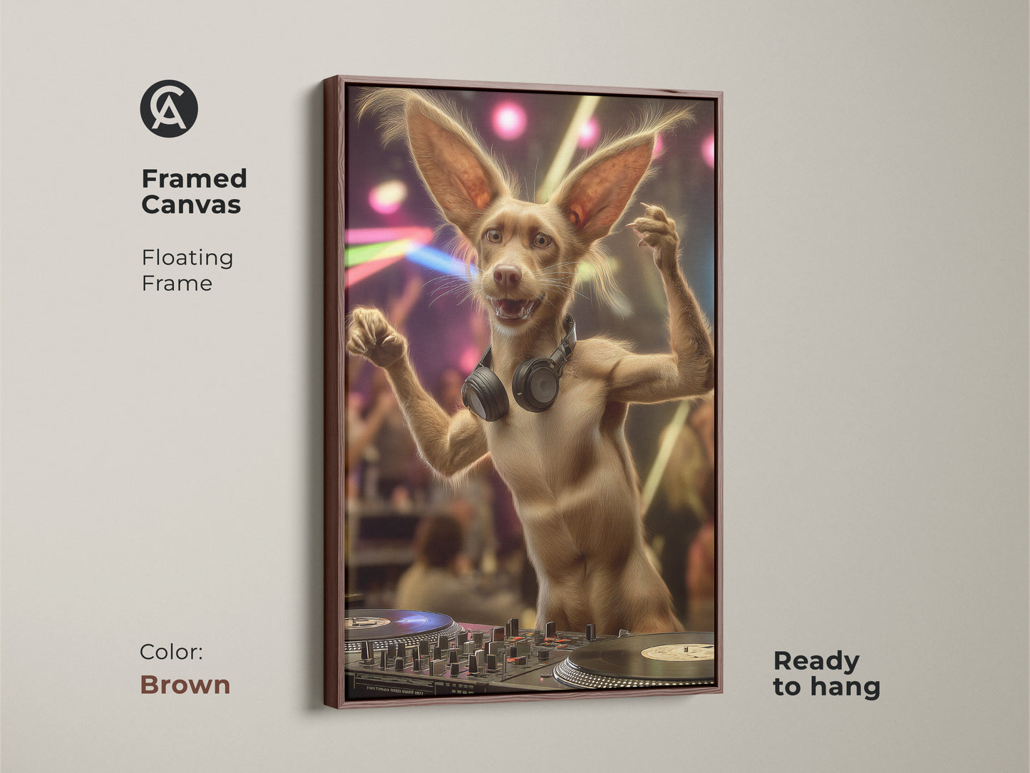A framed canvas of a funny DJ dog art with floating frame in Brown. This eclectic animal wall art is the perfect gift for dog and music lovers. Ready to hang on any entertainment room or home bar.