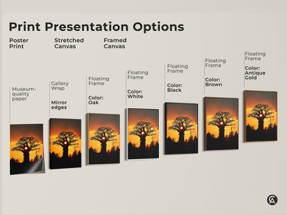 Explore print presentation options with this silhouetted baobab tree art. Choose from poster print stretched canvas or framed canvas. Options include black brown antique gold and white floating frames. Museum quality paper and mirror edges ensure quality. Perfect for eclectic home wall art.
