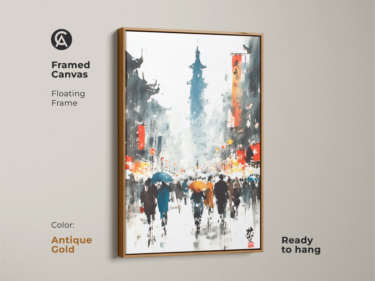This framed canvas features a floating antique gold frame. The artwork captures a rainy Asian street scene in watercolor. Ready to hang this piece offers a touch of elegance.