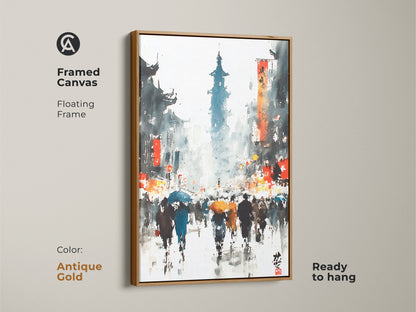This framed canvas features a floating antique gold frame. The artwork captures a rainy Asian street scene in watercolor. Ready to hang this piece offers a touch of elegance.