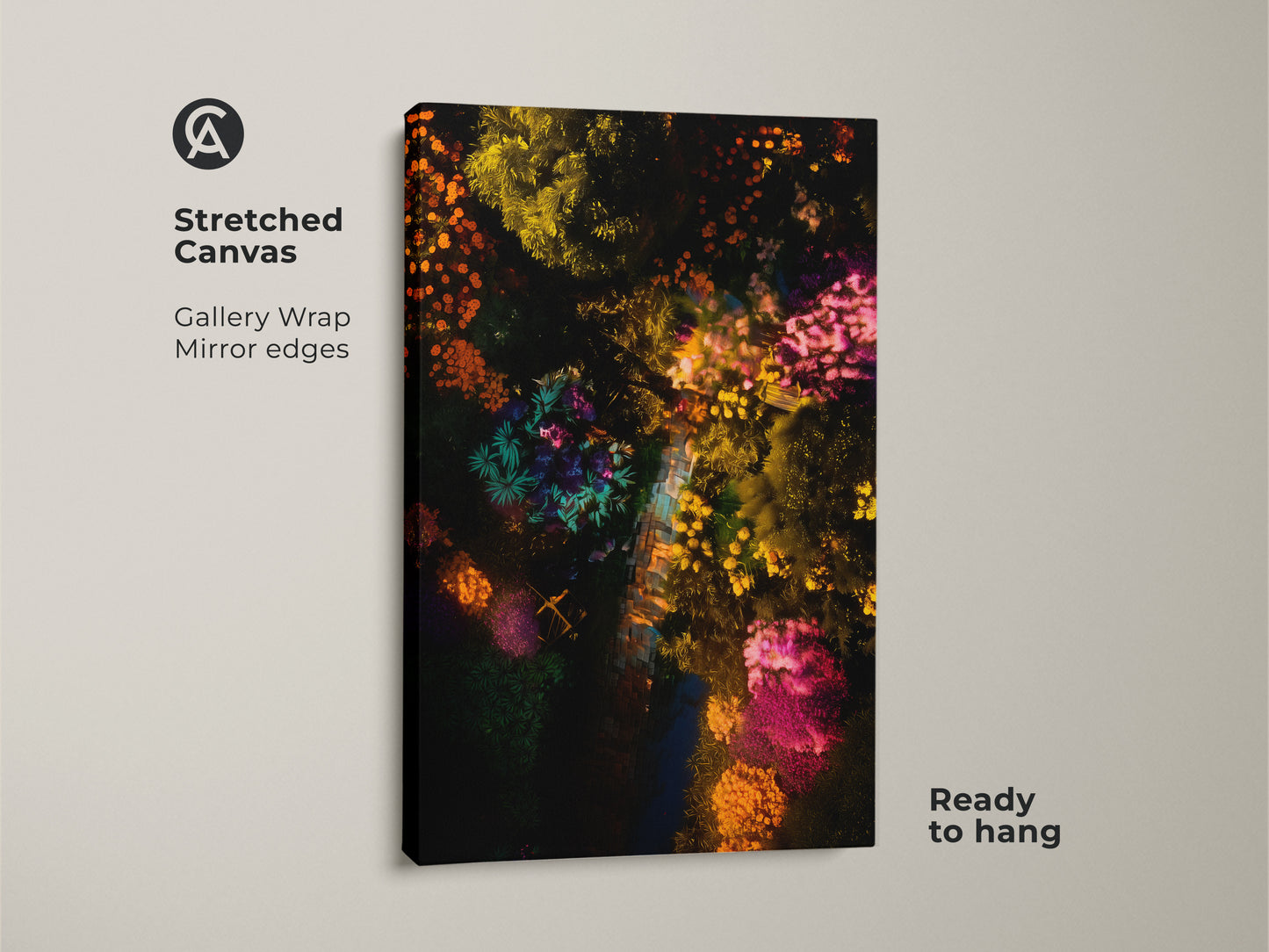 Stretched canvas print featuring an aerial garden view. The gallery wrap showcases mirror edges for a seamless look. This ready-to-hang canvas art adds a touch of nature. The bright botanical artwork makes a great statement piece.