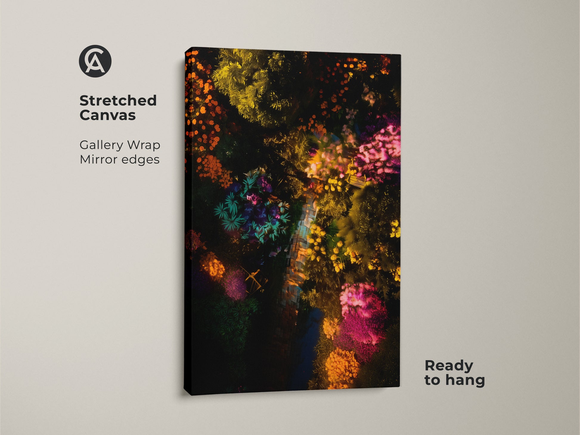 Stretched canvas print featuring an aerial garden view. The gallery wrap showcases mirror edges for a seamless look. This ready-to-hang canvas art adds a touch of nature. The bright botanical artwork makes a great statement piece.