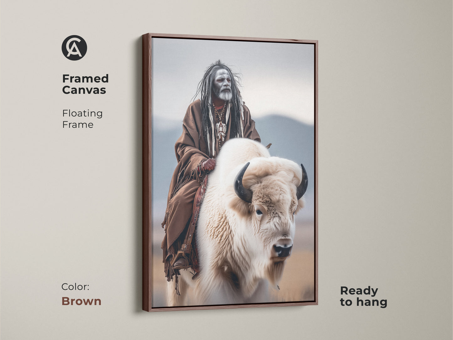 Framed canvas art showcasing a Native American man riding a white buffalo. The floating frame is brown. This ready-to-hang artwork celebrates indigenous heritage. It's an excellent addition to any art collection. Shop for framed Native American prints today.