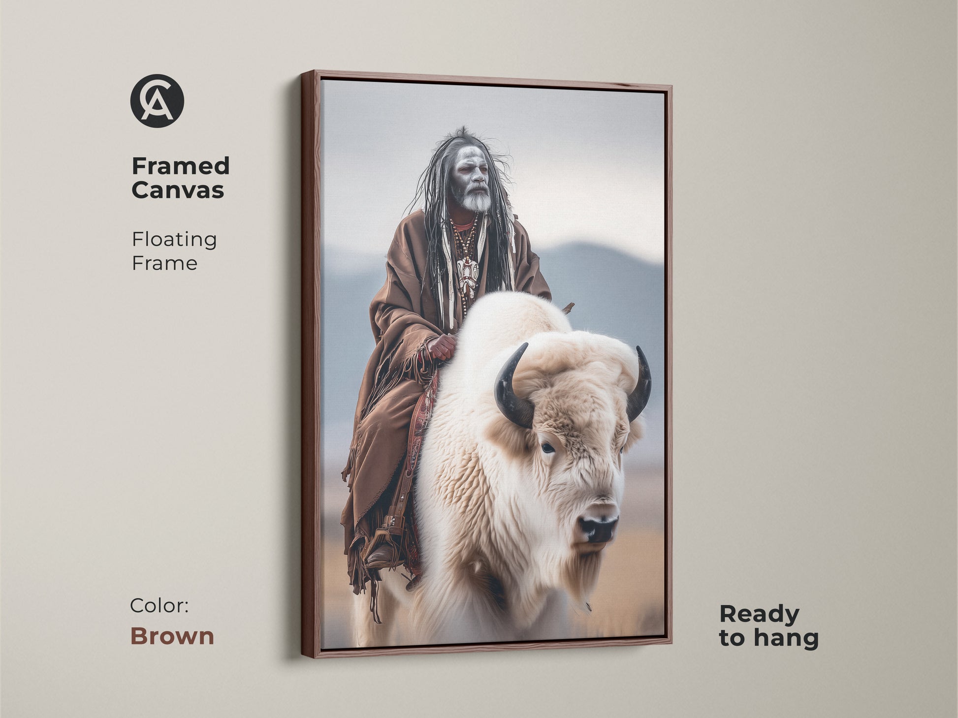 Framed canvas art showcasing a Native American man riding a white buffalo. The floating frame is brown. This ready-to-hang artwork celebrates indigenous heritage. It's an excellent addition to any art collection. Shop for framed Native American prints today.