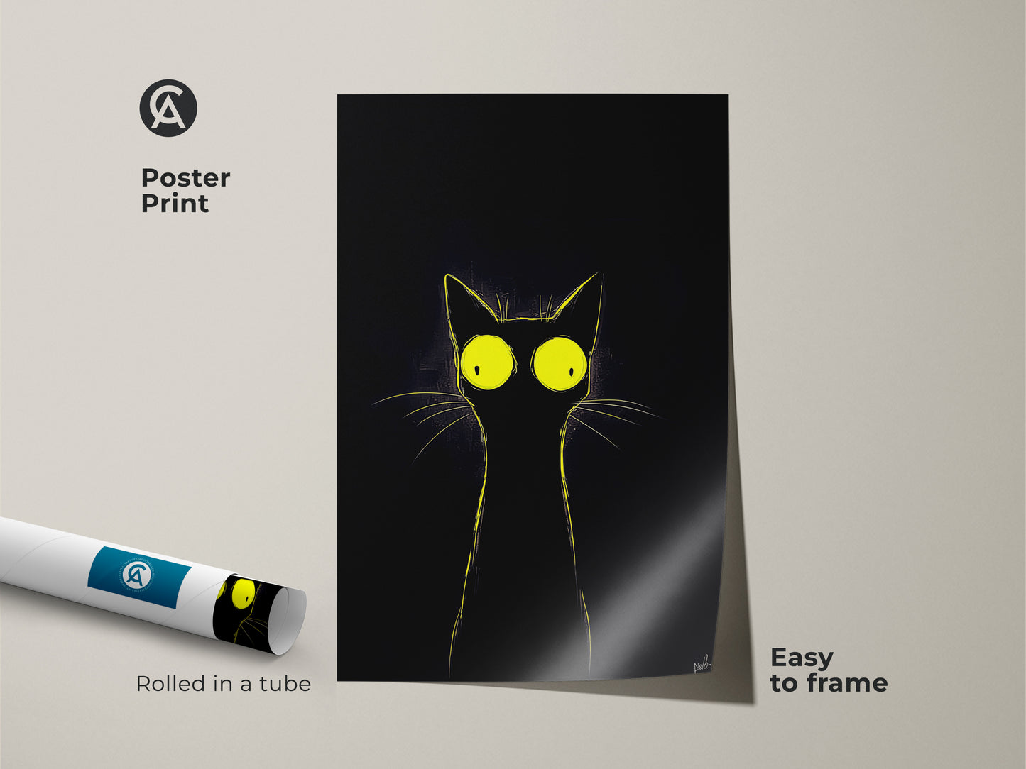 Poster print of an eclectic black cat with luminous yellow eyes. Rolled in a tube it is easy to frame. This minimalist cat artwork adds a modern touch to any room. Perfect for cat lovers this unique cat print makes a delightful and quirky addition to bedroom wall art.