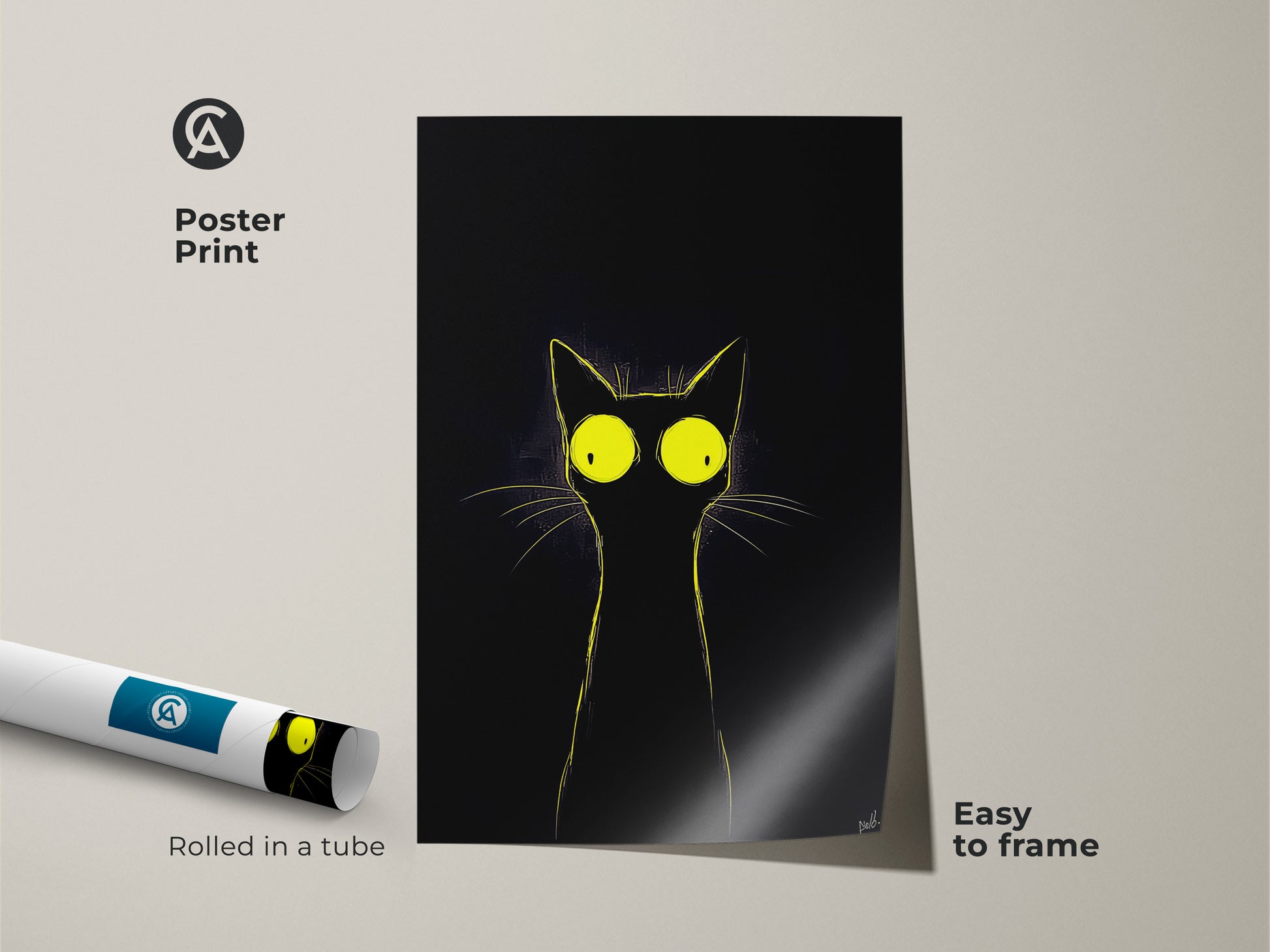 Poster print of an eclectic black cat with luminous yellow eyes. Rolled in a tube it is easy to frame. This minimalist cat artwork adds a modern touch to any room. Perfect for cat lovers this unique cat print makes a delightful and quirky addition to bedroom wall art.