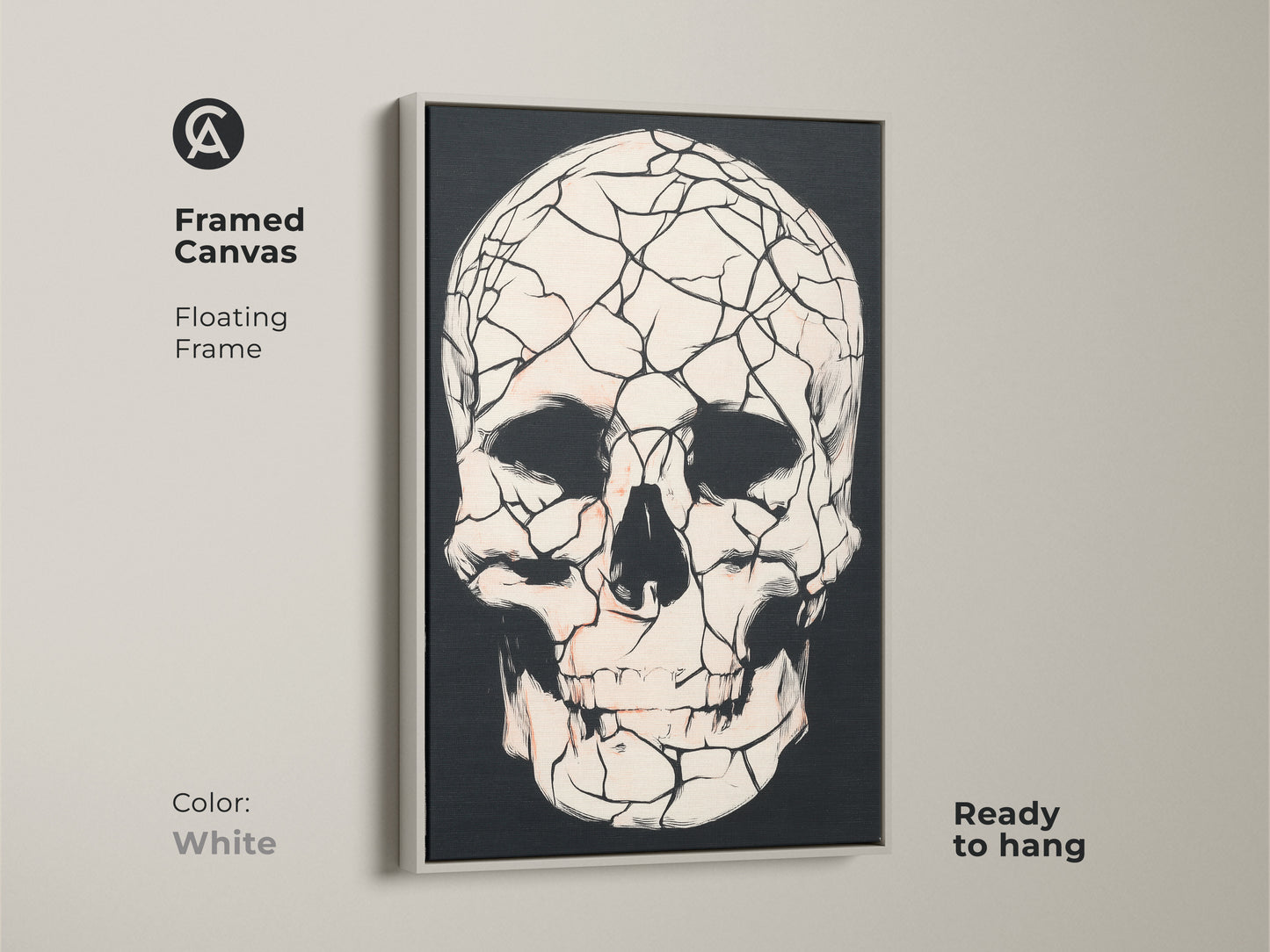 Framed canvas featuring a white floating frame and a gothic cracked skull. Macabre skull art adds a unique touch to home decor. This black red and white artwork is ready to hang. Perfect gothic wall art for your home.