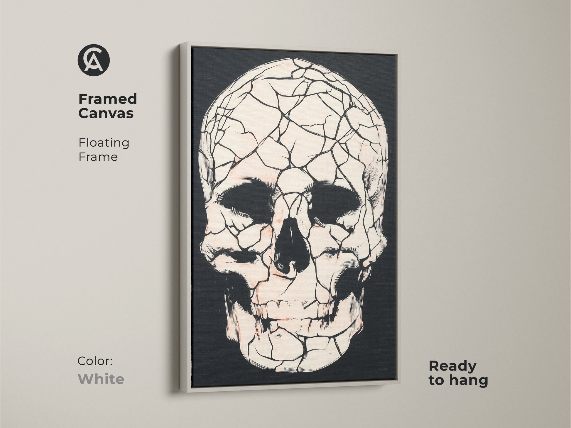 Framed canvas featuring a white floating frame and a gothic cracked skull. Macabre skull art adds a unique touch to home decor. This black red and white artwork is ready to hang. Perfect gothic wall art for your home.