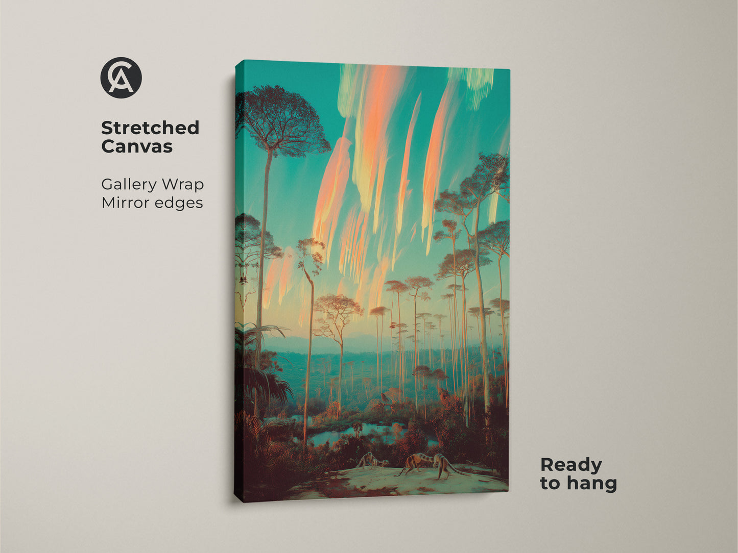 A stretched canvas featuring surreal forest art. This teal and orange dreamlike landscape has gallery wrapped mirror edges ready to hang. The eclectic design showcases tall slender trees against a vivid sky. Perfect as a unique nature inspired art piece adding a bohemian eclectic art accent to your living space.