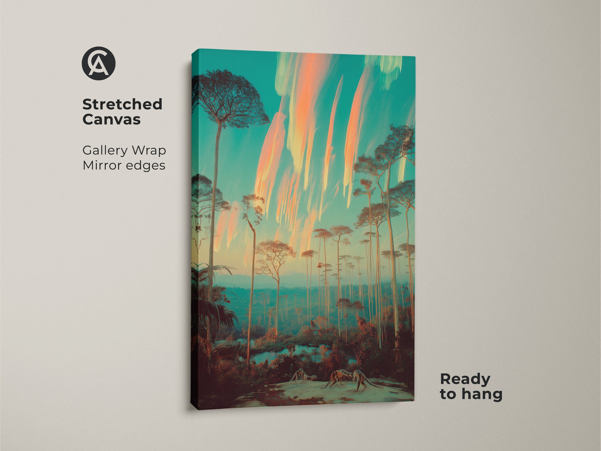 A stretched canvas featuring surreal forest art. This teal and orange dreamlike landscape has gallery wrapped mirror edges ready to hang. The eclectic design showcases tall slender trees against a vivid sky. Perfect as a unique nature inspired art piece adding a bohemian eclectic art accent to your living space.