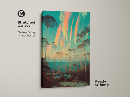A stretched canvas featuring surreal forest art. This teal and orange dreamlike landscape has gallery wrapped mirror edges ready to hang. The eclectic design showcases tall slender trees against a vivid sky. Perfect as a unique nature inspired art piece adding a bohemian eclectic art accent to your living space.