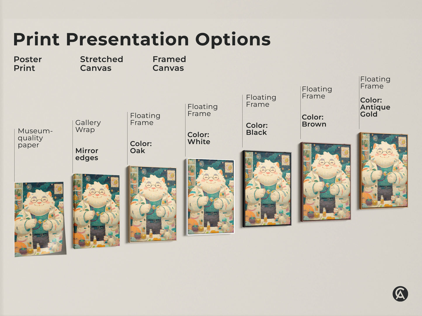 Explore print presentation options for the cat doctor artwork. Choose from poster prints stretched canvas and framed canvas. Customize your art with floating frames in various colors. Find the perfect piece for your decor.