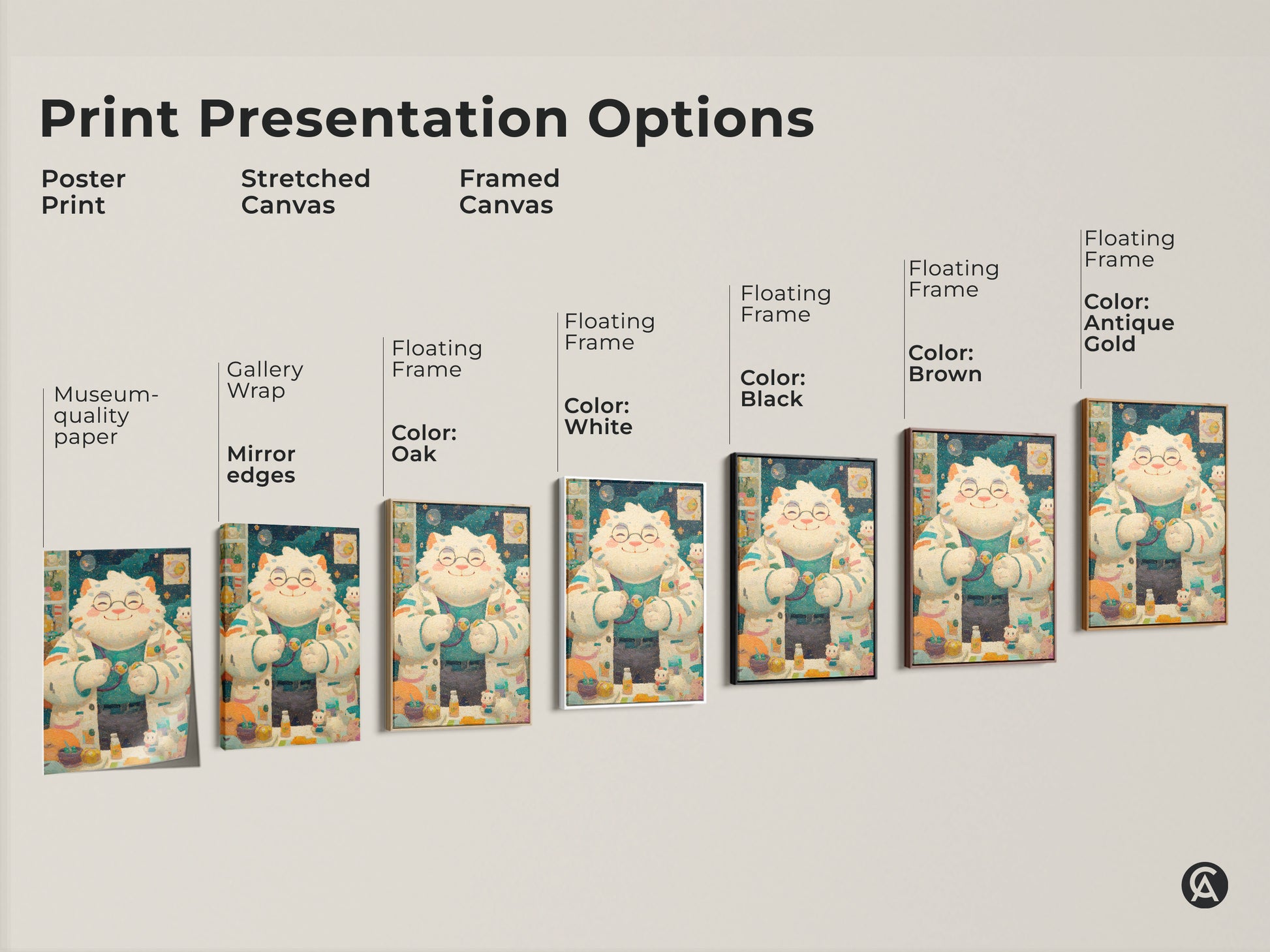 Explore print presentation options for the cat doctor artwork. Choose from poster prints stretched canvas and framed canvas. Customize your art with floating frames in various colors. Find the perfect piece for your decor.