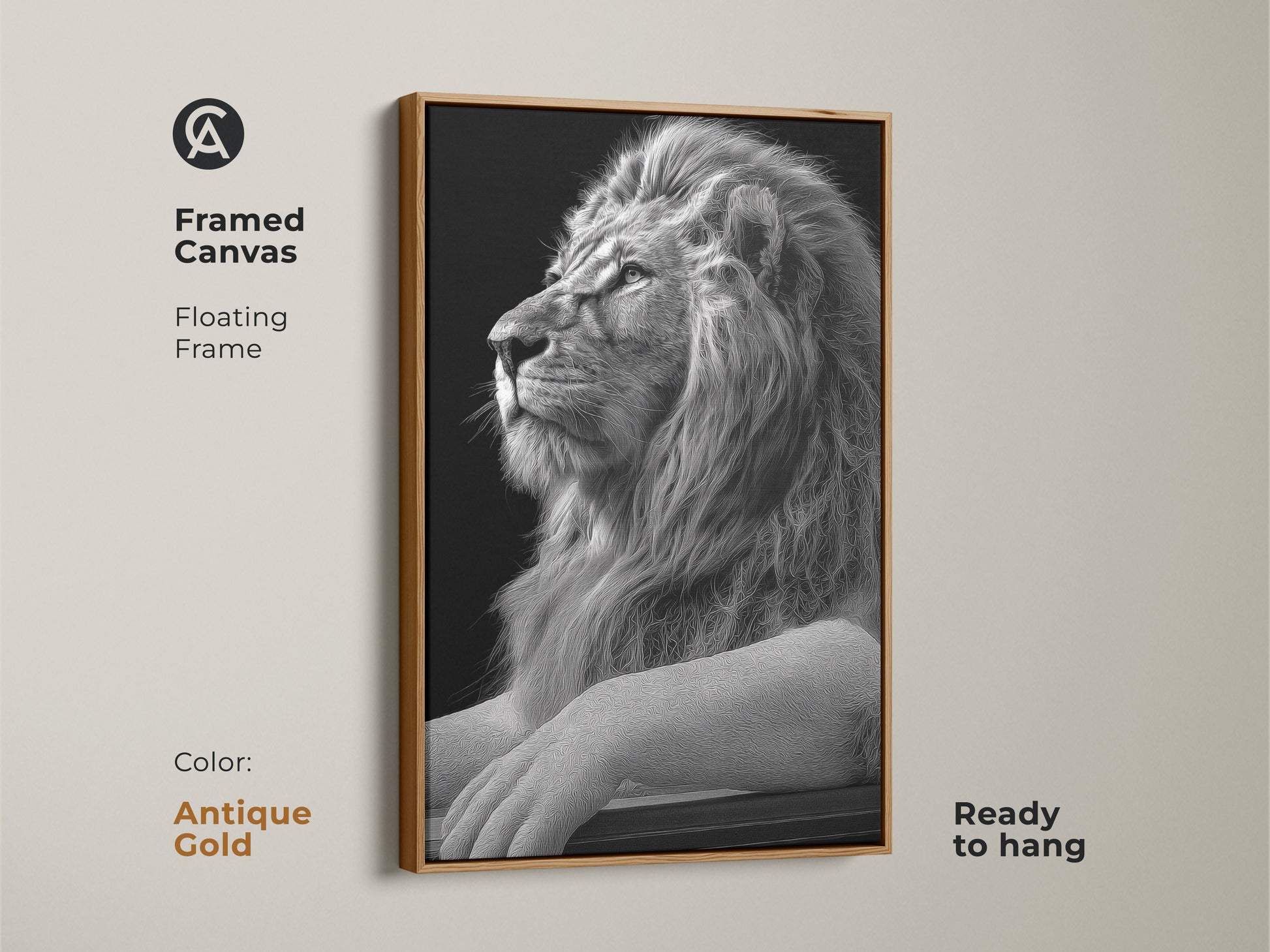 Framed monochrome lion artwork with an antique gold floating frame. This fine art lion print is perfect for study room decor. A sophisticated gift for lion lovers and a striking office wall art piece.