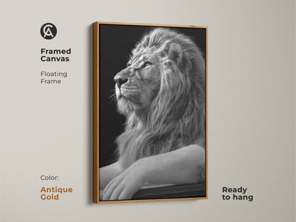 Framed monochrome lion artwork with an antique gold floating frame. This fine art lion print is perfect for study room decor. A sophisticated gift for lion lovers and a striking office wall art piece.
