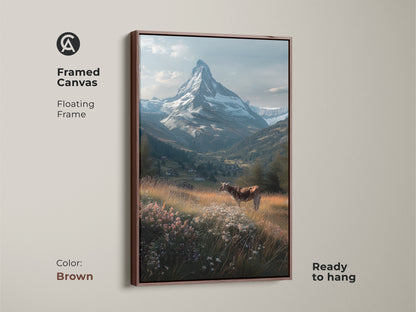 Bring the beauty of the Swiss Alps into your home with this framed canvas art. A brown floating frame complements the stunning Matterhorn scene. A cow grazes in a flower-filled meadow. This ready-to-hang piece adds warmth and charm to your space.