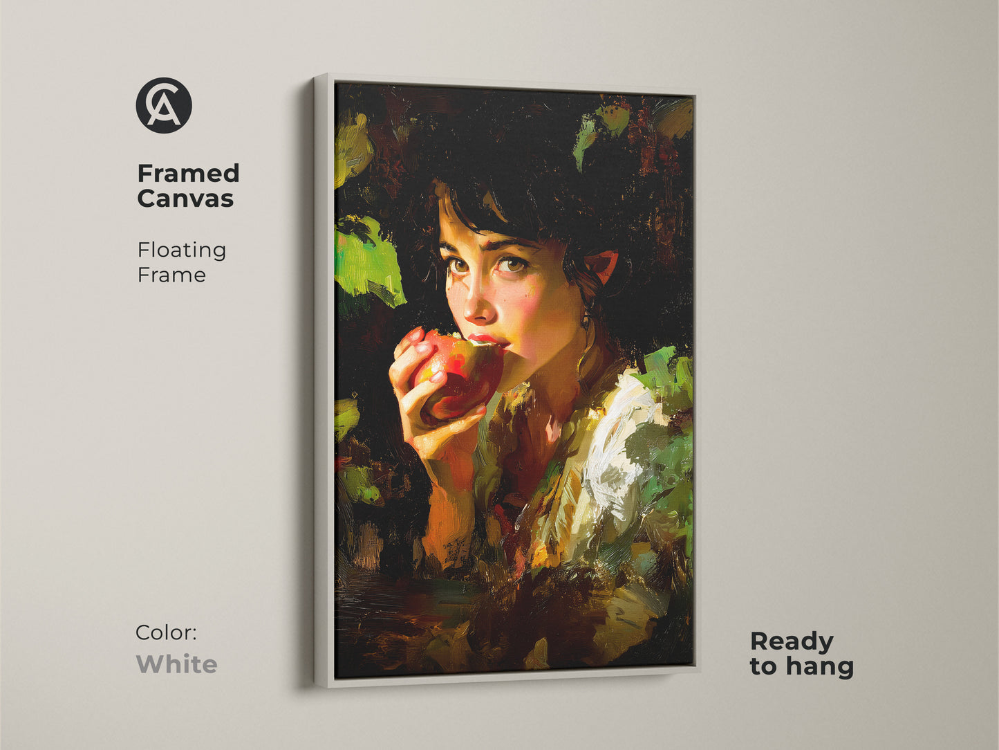 Framed canvas with a floating white frame showcasing the Chiaroscuro Apple Girl Art. This impressionist style artwork is ready to hang adding an eclectic touch. Earthy tones and deep reds make it a perfect housewarming gift. It’s a classic still life painting.