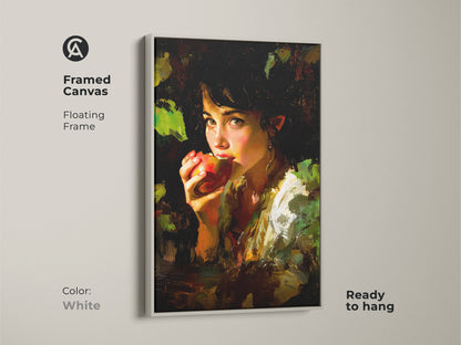 Framed canvas with a floating white frame showcasing the Chiaroscuro Apple Girl Art. This impressionist style artwork is ready to hang adding an eclectic touch. Earthy tones and deep reds make it a perfect housewarming gift. It’s a classic still life painting.