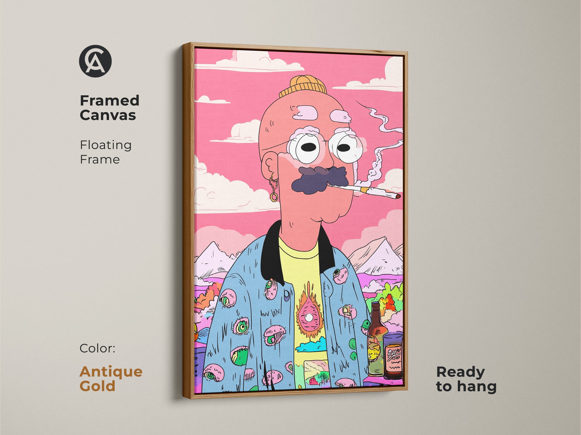 Framed canvas artwork of a cartoon man smoking. The antique gold floating frame adds a touch of sophistication. This ready-to-hang art print brings a unique and stylish element to your decor. The vibrant colors and quirky character make it a captivating piece. Ideal for art collectors.