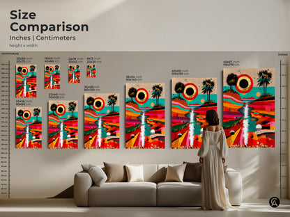 Explore the size comparison of our abstract tropical wall art. Inches and centimeters showcase various canvas prints sizes. This colorful landscape canvas artwork can transform any living space into a modern art gallery. Perfect as a housewarming gift.