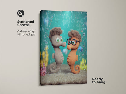 A Stretched Canvas gallery wrap mirror edges art print. Cute cartoon underwater kids room decor is visible. This teal green nursery wall art makes a great baby shower gift. Ready to hang.