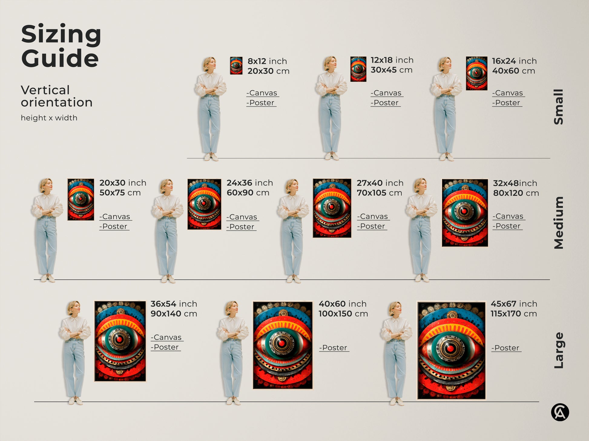 Sizing guide for vertical spiritual mandala eye artwork. Available in small medium and large sizes. Envision how this boho tribal canvas print will transform your space as a housewarming gift.