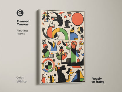 Framed canvas in white displaying Mid-Century Modern artwork. Abstract geometric shapes form a dog and bird. This Bauhaus style art is ready to hang. Floating frame enhances the vibrant red orange and green.