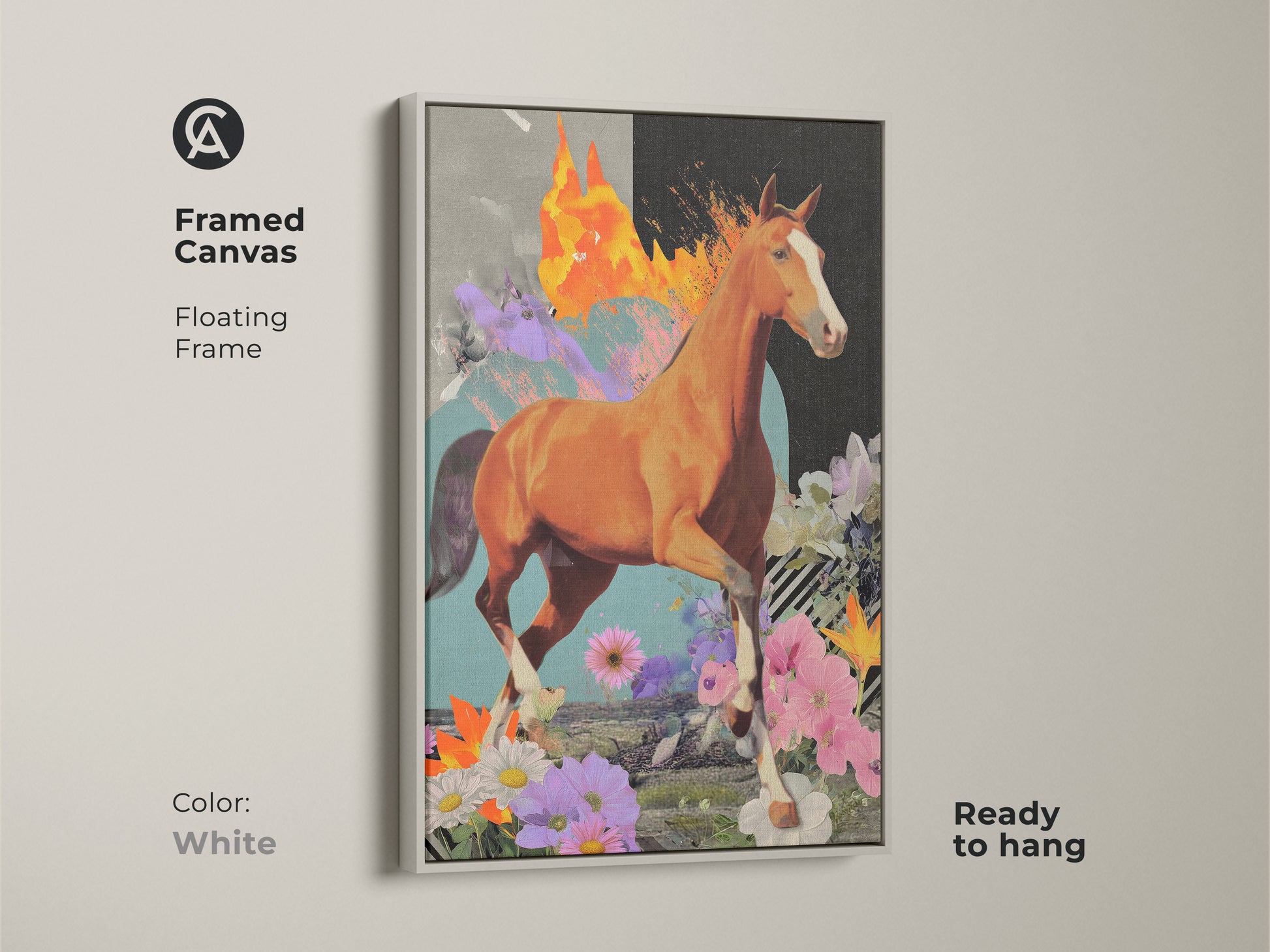 The framed canvas features a surreal horse artwork with a floating frame. This eclectic collage wall art displays a dynamic horse and abstract textures. The white frame makes the orange brown and teal tones pop. Ready to hang this mixed media horse print is a unique wall art.