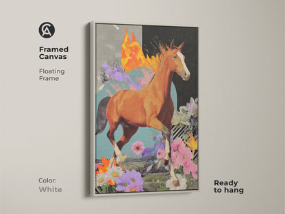 The framed canvas features a surreal horse artwork with a floating frame. This eclectic collage wall art displays a dynamic horse and abstract textures. The white frame makes the orange brown and teal tones pop. Ready to hang this mixed media horse print is a unique wall art.