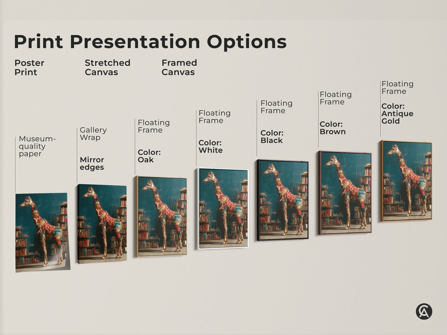 Print presentation options for surreal giraffe art. Options include a poster print stretched canvas and framed canvas. This literary animal art makes a perfect bookworm housewarming gift.