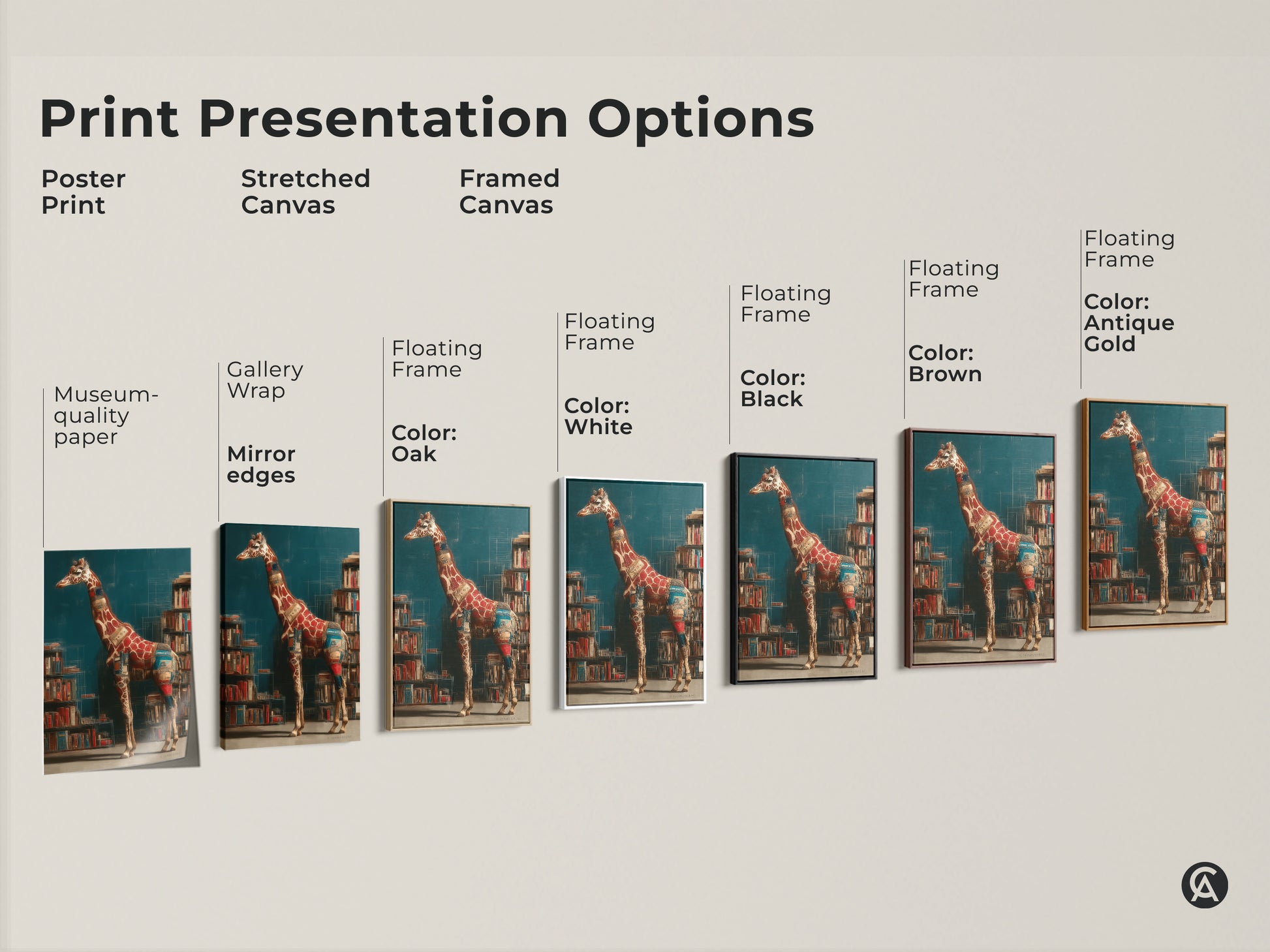 Print presentation options for surreal giraffe art. Options include a poster print stretched canvas and framed canvas. This literary animal art makes a perfect bookworm housewarming gift.