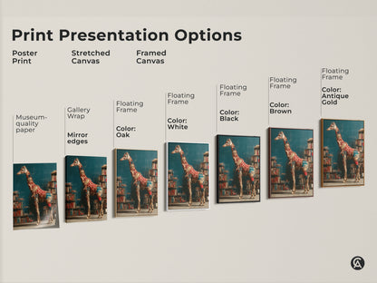Print presentation options for surreal giraffe art. Options include a poster print stretched canvas and framed canvas. This literary animal art makes a perfect bookworm housewarming gift.