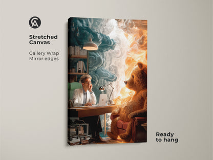 Stretched canvas surreal art print of a bear and man in an office. The gold teal surrealism adds an eclectic touch to any room. Gallery wrapped with mirrored edges. It's ready to hang. Perfect study room art for unique home decor.
