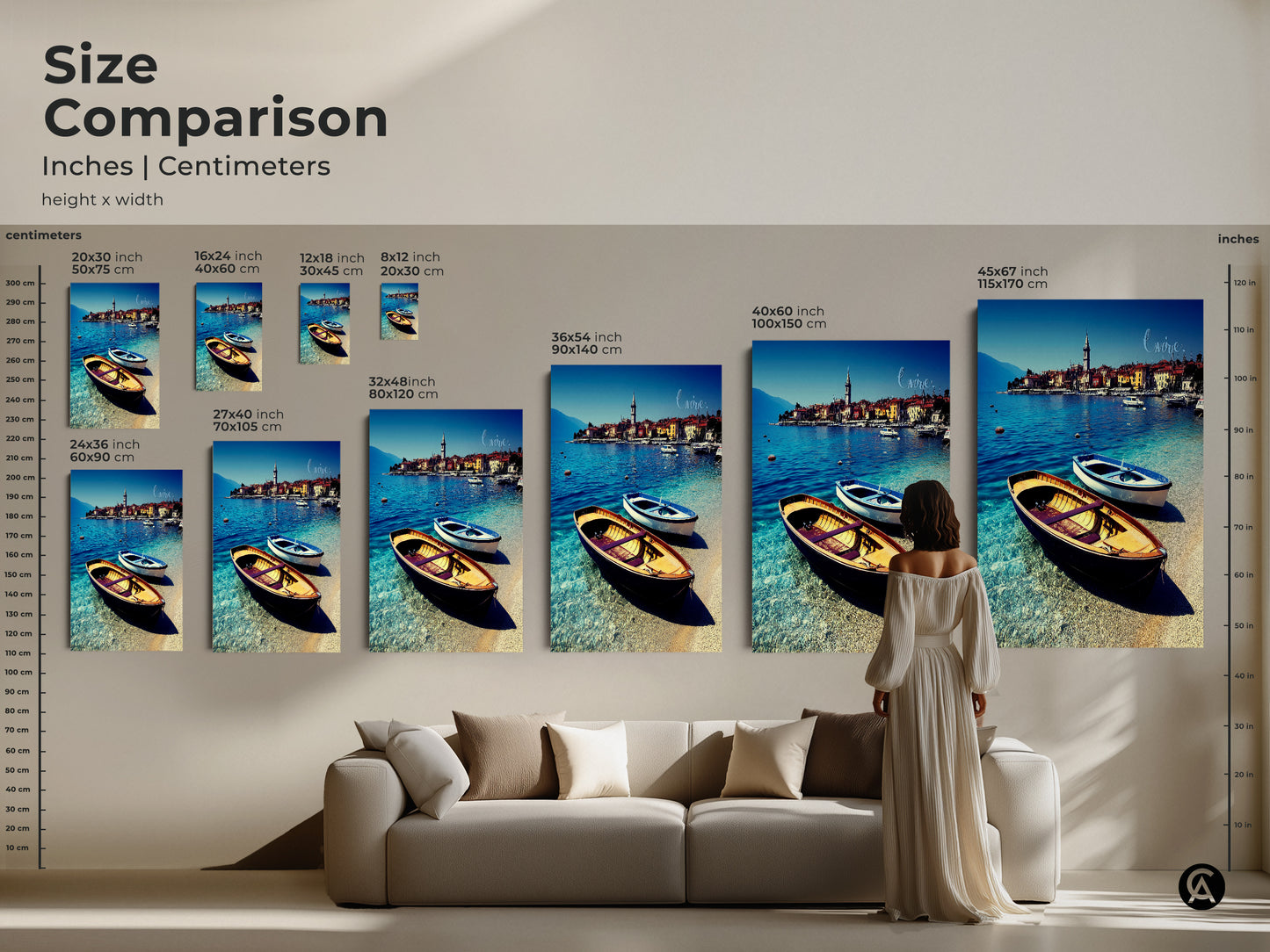 Size comparison of European coastal town art prints in inches and centimeters. See how the artwork scales on a sofa in various sizes. From small to extra-large this blue boats art enhances any room. Realistic wall art for a coastal-themed home decor.