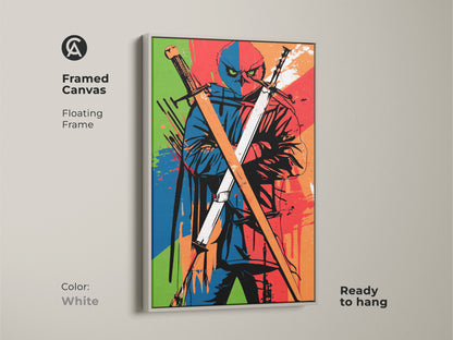 White Framed Canvas of a Ninja Owl. Ready to hang this art is a cool geek gift idea for men. This anime inspired graphic owl art brings a unique style to any room decor.