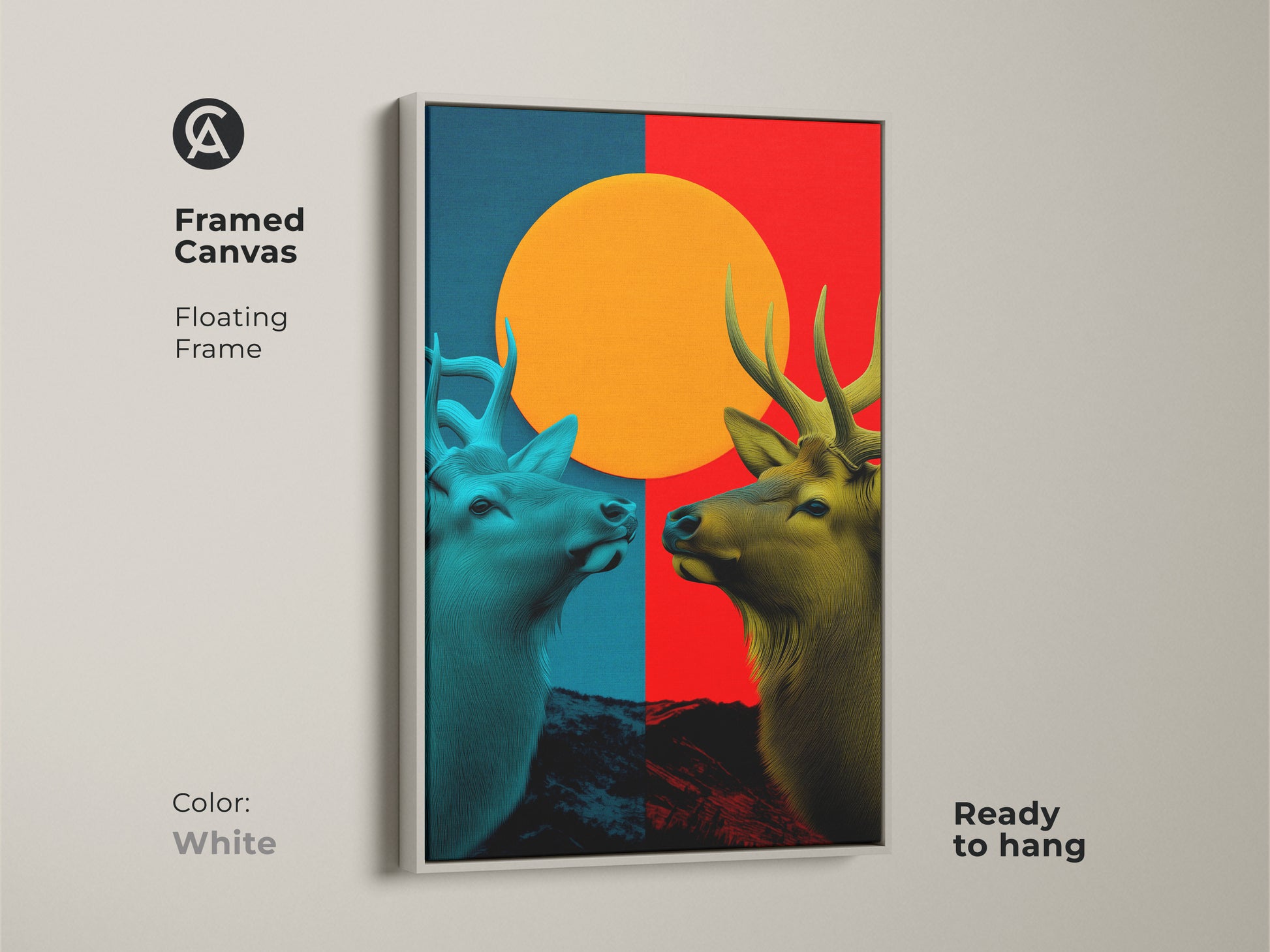 Framed canvas of Geometric Elk art with antique gold floating frame. Abstract animal print is ready to hang. The red blue and orange canvas will add a unique modern look.