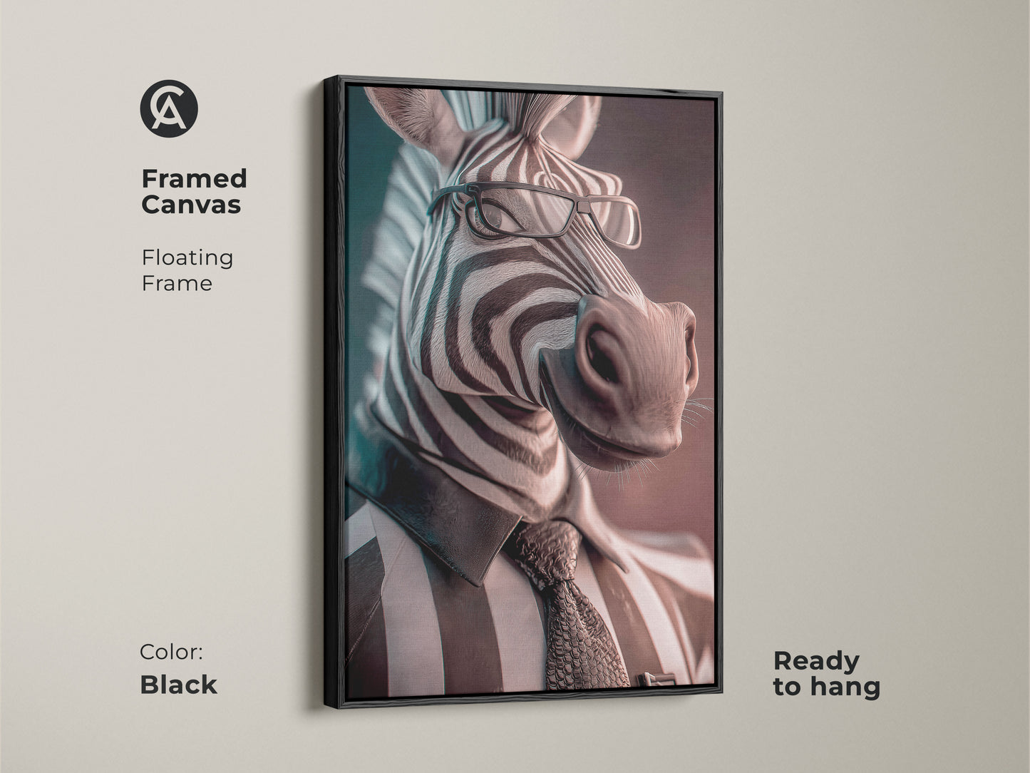 Black framed canvas of zebra businessman art. It is a floating frame offering ready-to-hang monochrome office wall artwork. It adds a contemporary touch to any executive office. It is stylish and sophisticated animal art.