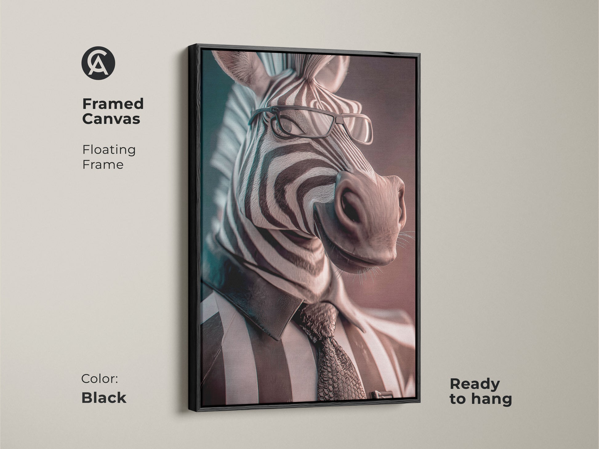 Black framed canvas of zebra businessman art. It is a floating frame offering ready-to-hang monochrome office wall artwork. It adds a contemporary touch to any executive office. It is stylish and sophisticated animal art.