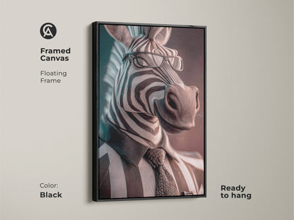 Black framed canvas of zebra businessman art. It is a floating frame offering ready-to-hang monochrome office wall artwork. It adds a contemporary touch to any executive office. It is stylish and sophisticated animal art.