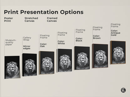 Explore print presentation options with a realistic monochrome lion portrait. Choose from poster prints stretched canvas and framed canvas. Transform your space with wildlife animal art decor. Find the perfect modern home decor print for an animal lover gift. High contrast art brings sophistication.